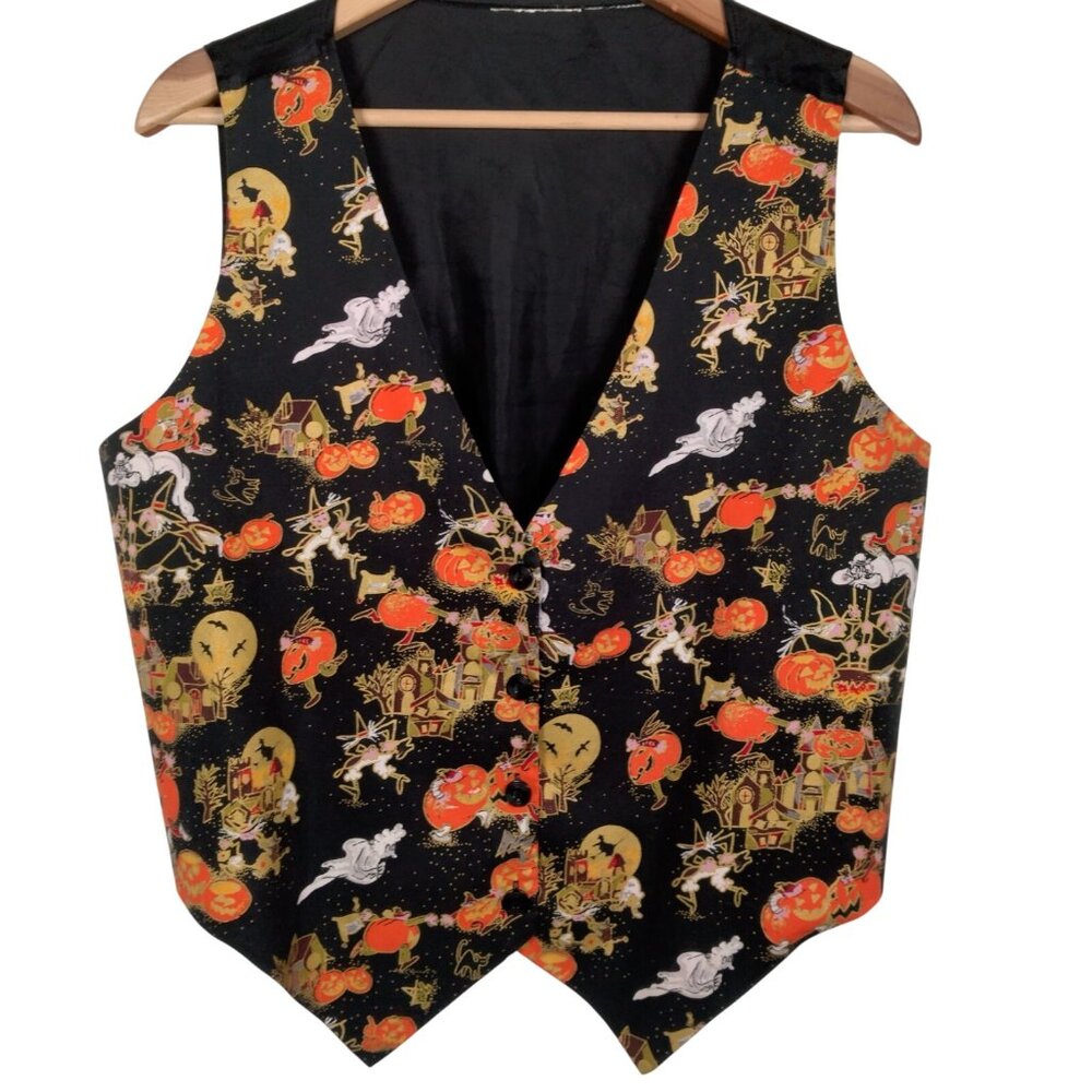 Vintage 1990s Halloween Vest Women Large Black Pumpkin Witch Ghost Novelty